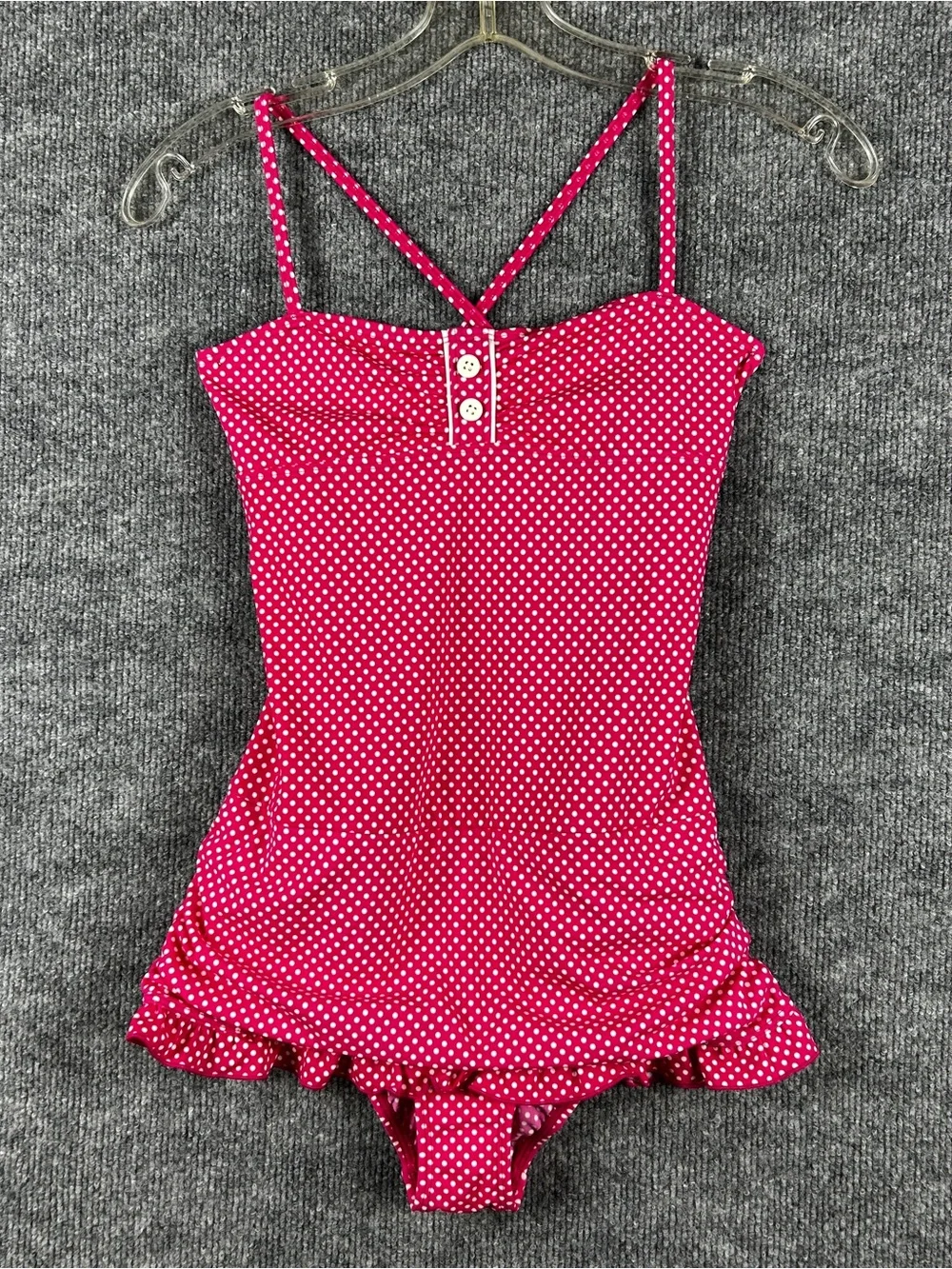 NWT Lands End Girls Hot Pink Polka Dot Ruffle One Piece Swimsuit Bathing Suit 14